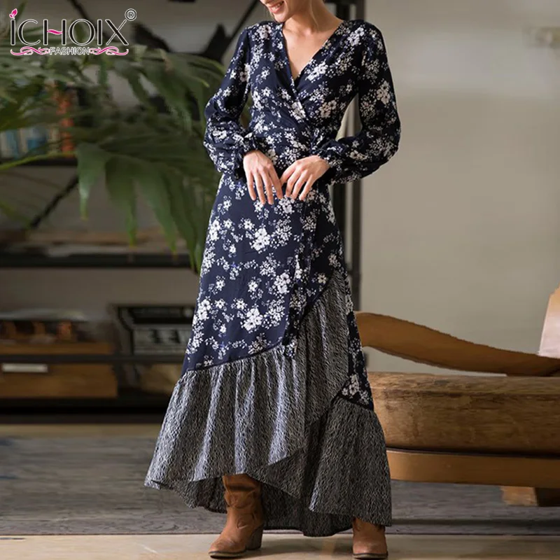 Женское длинное платье с цветочным принтом ICHOIX элегантное винтажное макси