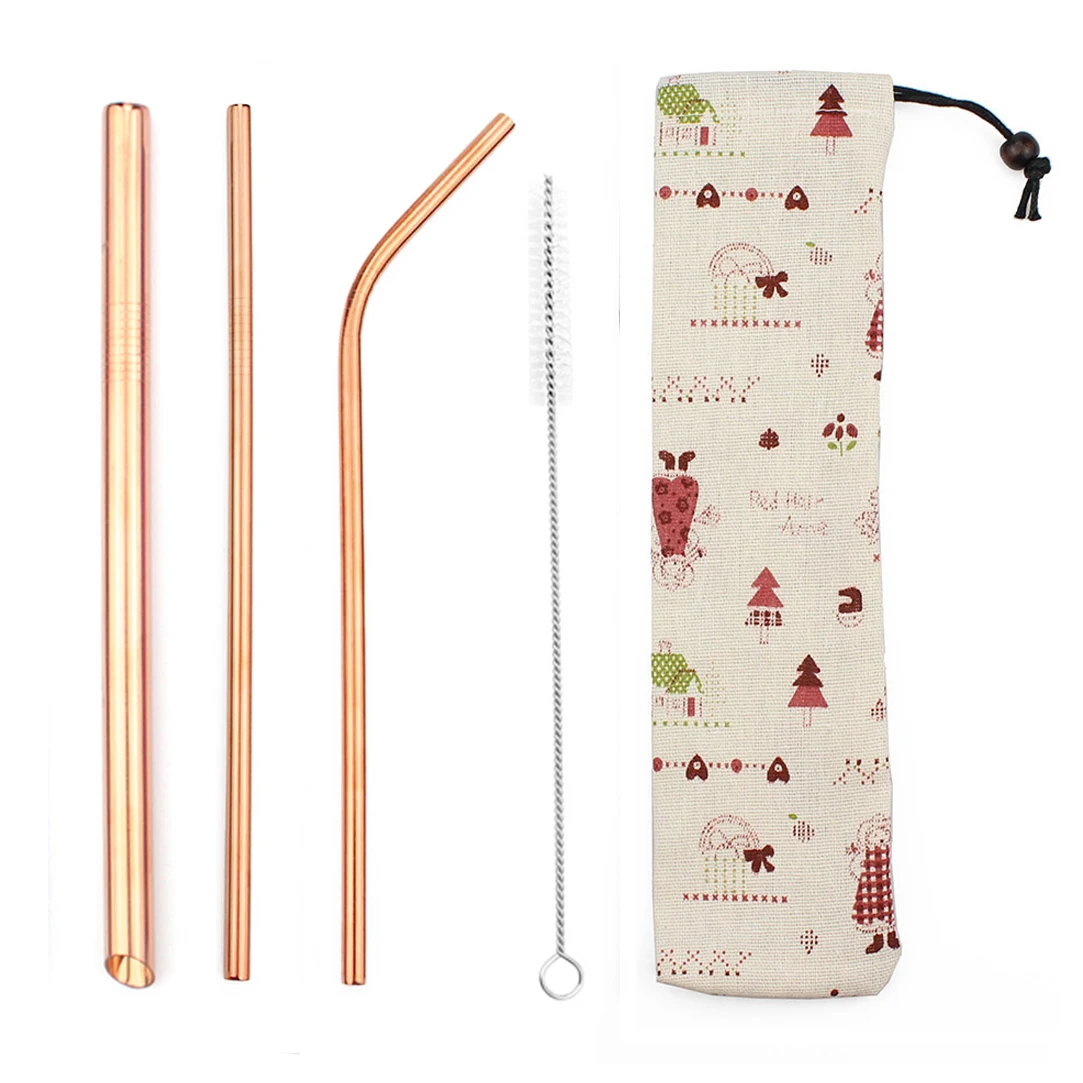 Rose 5pcs Reusable 304 Stainless Steel Rainbow Straw Metal Smoothies Drinking Straight Straws Silicone Cover with Brush Bag Wholesale - Цвет: Rose