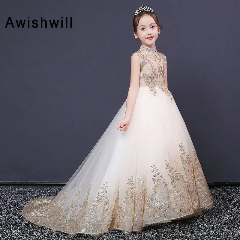 New Arrival 2020 Flower Girl Dresses High Neck Gold Lace Pagenat Dress Sleeveless Ball Gown Kids Party | Свадьбы и торжества
