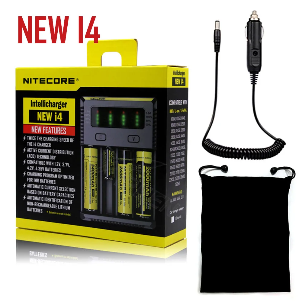 I4 with car bag Бренд Nitecore I2 I4 Digi зарядное устройство lcd интеллектуальная схема Li-Ion для 26650 18650 18350 16340 14500 автомобильное зарядное устройство - Цвет: I4 with car bag