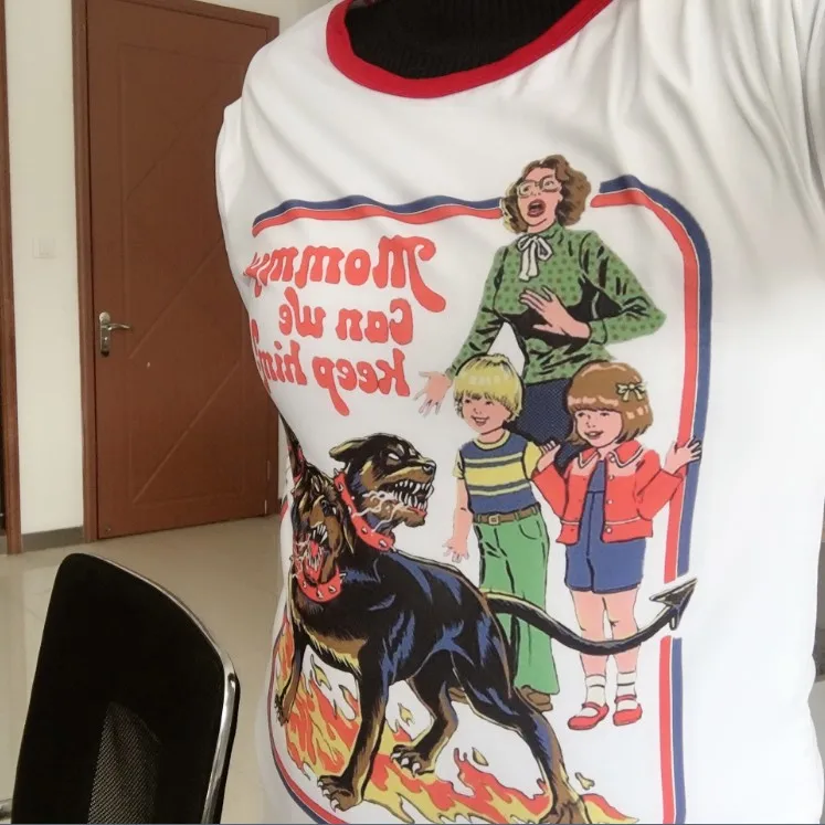 Hahayule Mommy Can We Keep Him 80 s Винтажная футболка с звонком хипстеры гранж сатанин забавная футболка ностальгия ужас футболка с иллюстрацией