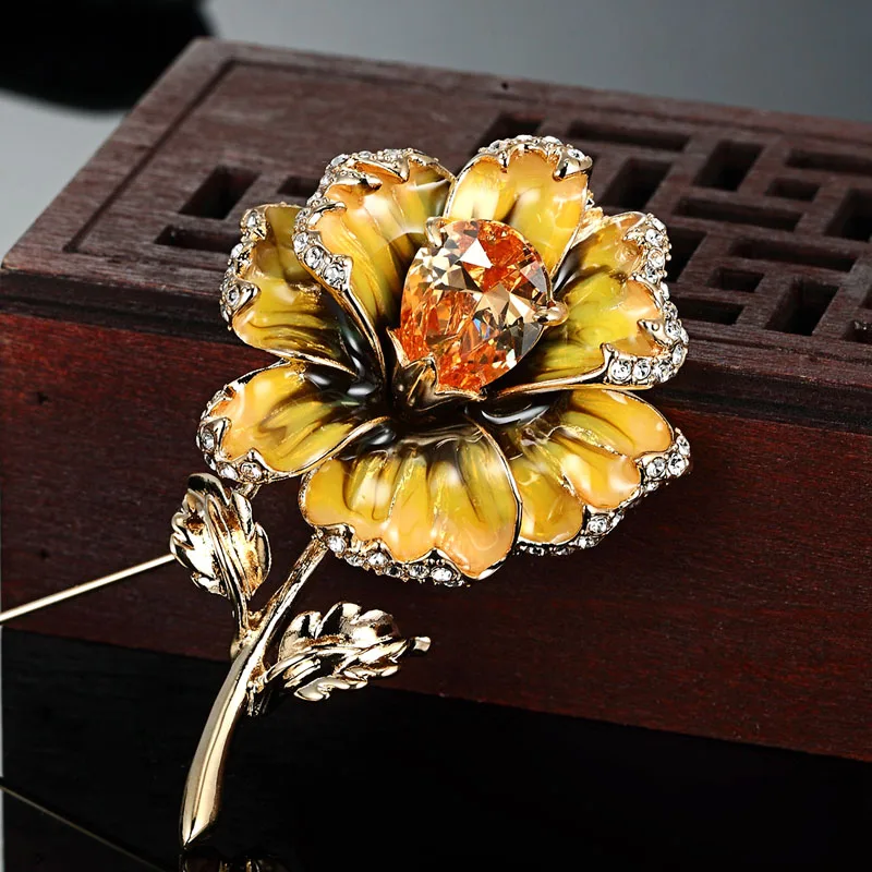 Коричневый AAA цветок с цирконом Броши для женщин блестящая эмалированная брошь и