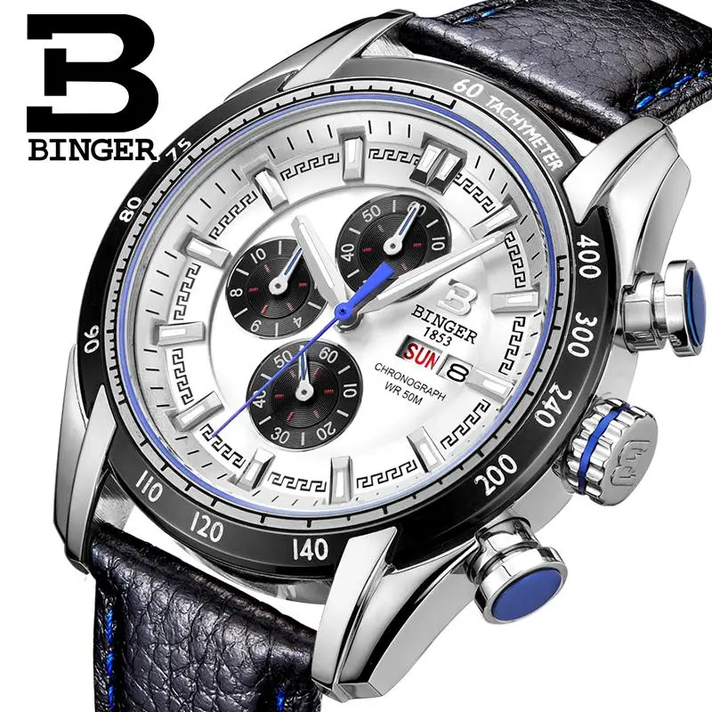 

Watches Men Luxury Brand BINGER Japan MIYOTA Quartz Watche Genuine Leather watch Sport Chronograph Multi-function clock B1163-6