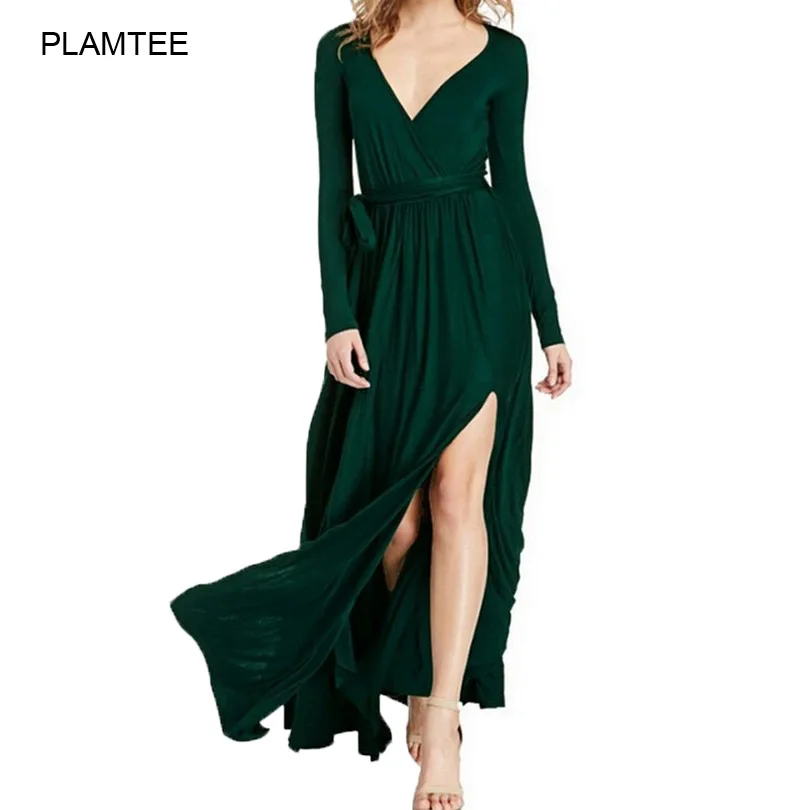 Платье макси с v образным вырезом для женщин одежда разрезом однотонные зимние