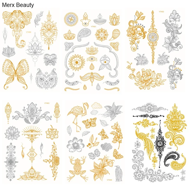5pcs/lot Flash Metallic Inspire Waterproof Tattoo Gold Silver Tatuagem Temporary Sticker Jewelry Henna Tatoo 15*21cm | Красота и