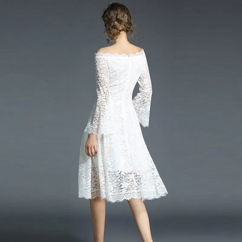 Женское кружевное платье Willstage белое вечернее с вырезом лодочкой Расклешенным