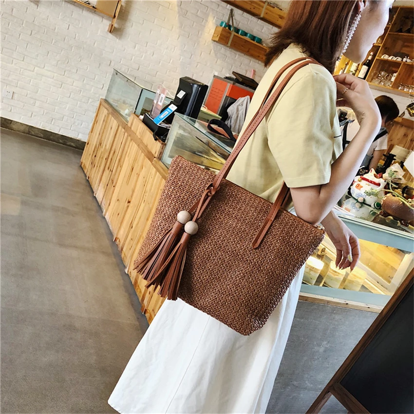 Модные ручного плетения Соломенная Сумка-тоут богемная большая летняя пляжная