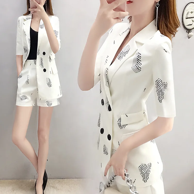 Женский офисный костюм из двух предметов Белый двубортный пиджак с коротким