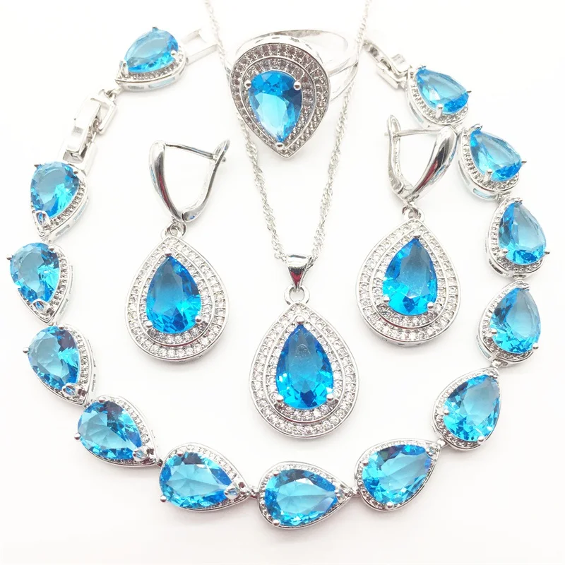 Женский комплект ювелирных изделий из стерлингового серебра 925 пробы с синим