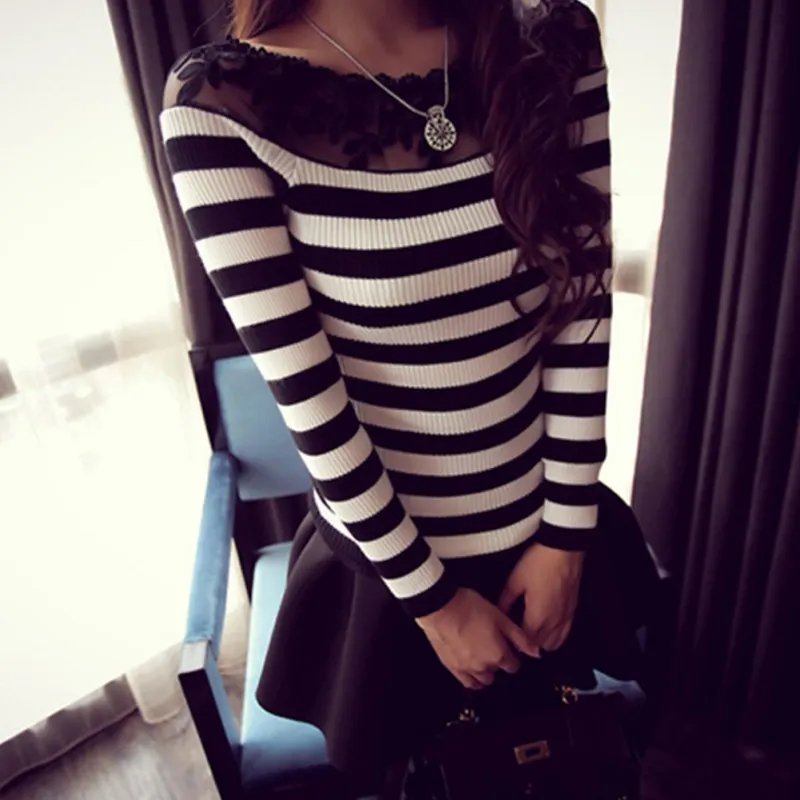 

Knitted Women Tops Black And White Striped Blouse Fashion Lace Floral Embroidery Shirts Long Sleeve Knitwear