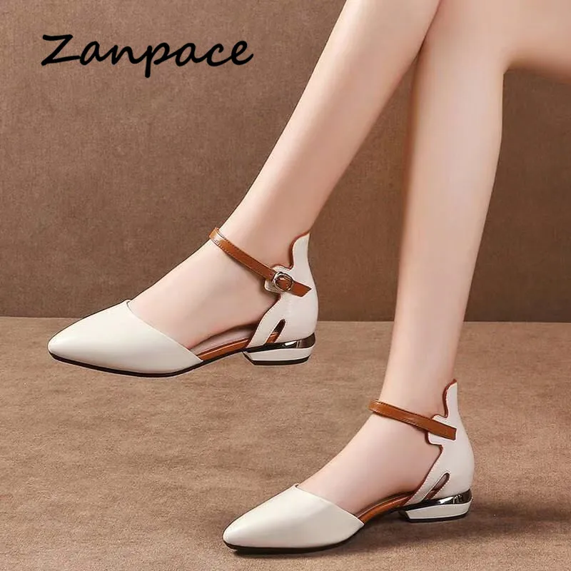 Женские кожаные сандалии гладиаторы Zanpace Летние низкие с острым носком офисные
