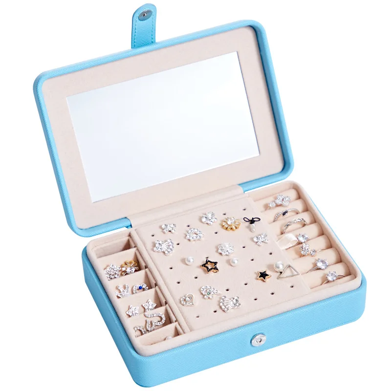light blue mirror Корейский стиль, новинка, простая и портативная кожаная шкатулка для ювелирных изделий, коробка для хранения ювелирных изделий, винтажная шкатулка для ожерелья - Цвет: light blue mirror