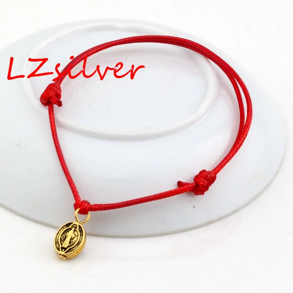 

Hot ! 10pcs Adjustable Bracelets Red Waxes rope Antique gold Alloy Saint Benedict Medal oval Charms Adjustable Bracelet B-48