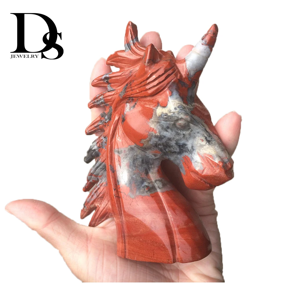 

5" Red Jasper Unicorn Jade Figurine Crystal Skull Crafts Quartz Stones Minerals Horse Specimen Healing Gifts Party Decoration