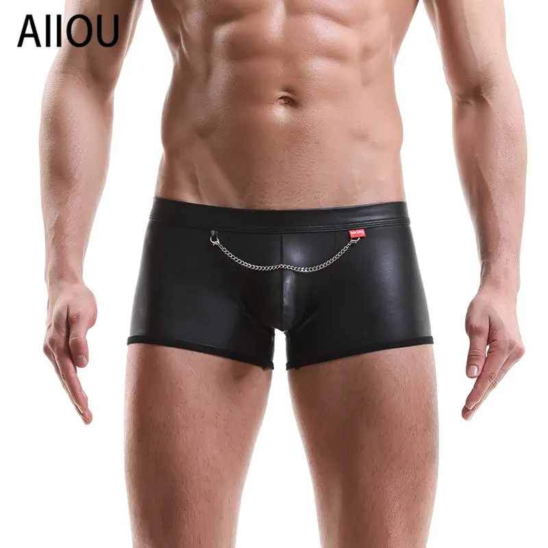 Мужские трусы боксеры из искусственной кожи AIIOU черные короткие с мешочком