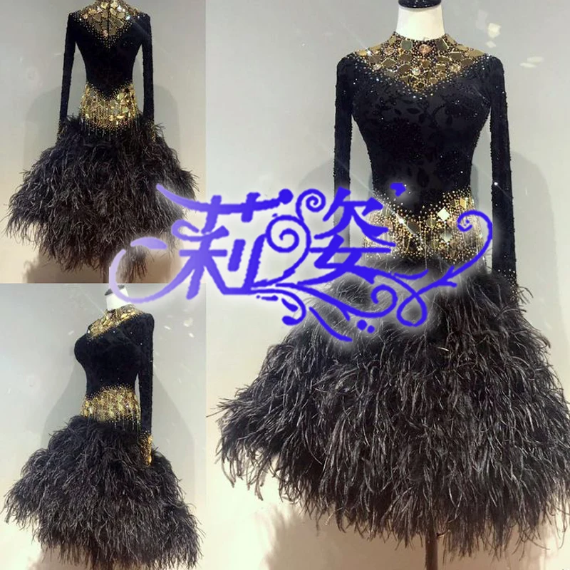 

Black ostrich latin swing rumba samba dance dress