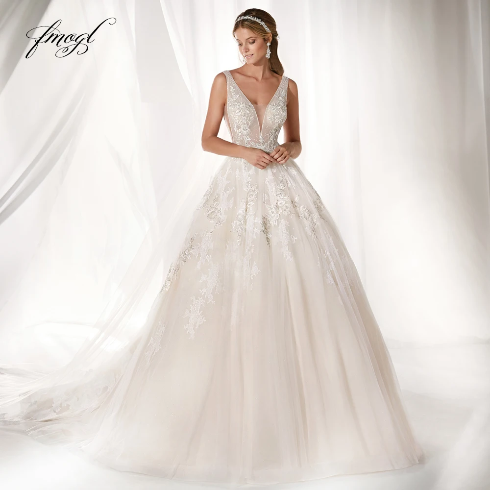 

Fmogl Vestido De Noiva Sexy Illusion Wedding Dresses V Neck Appliques Beaded Court Train Tulle A Line Bride Gown