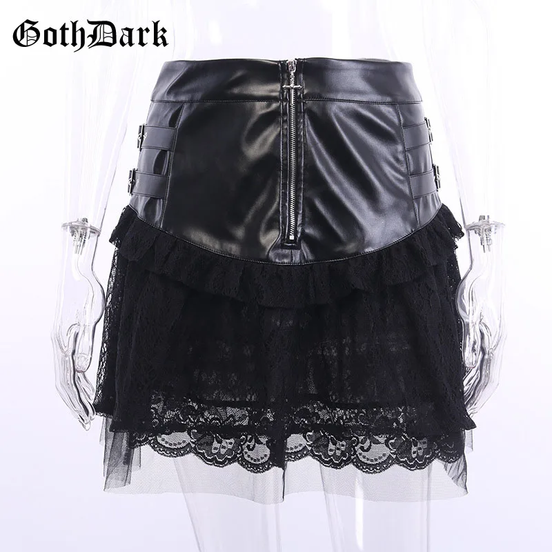 black Женская кожаная юбка с сеткой Goth Dark, юбка в готическом стиле с вырезами и рюшами, на молнии, элегантная прозрачная юбка - Цвет: black