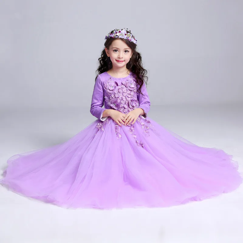 Purple Long Flower Girls Dress European Fancy Girl Princess Costume 2020 Clothes For 4 6 8 10 12 14 Years RKF175001 | Детская одежда и