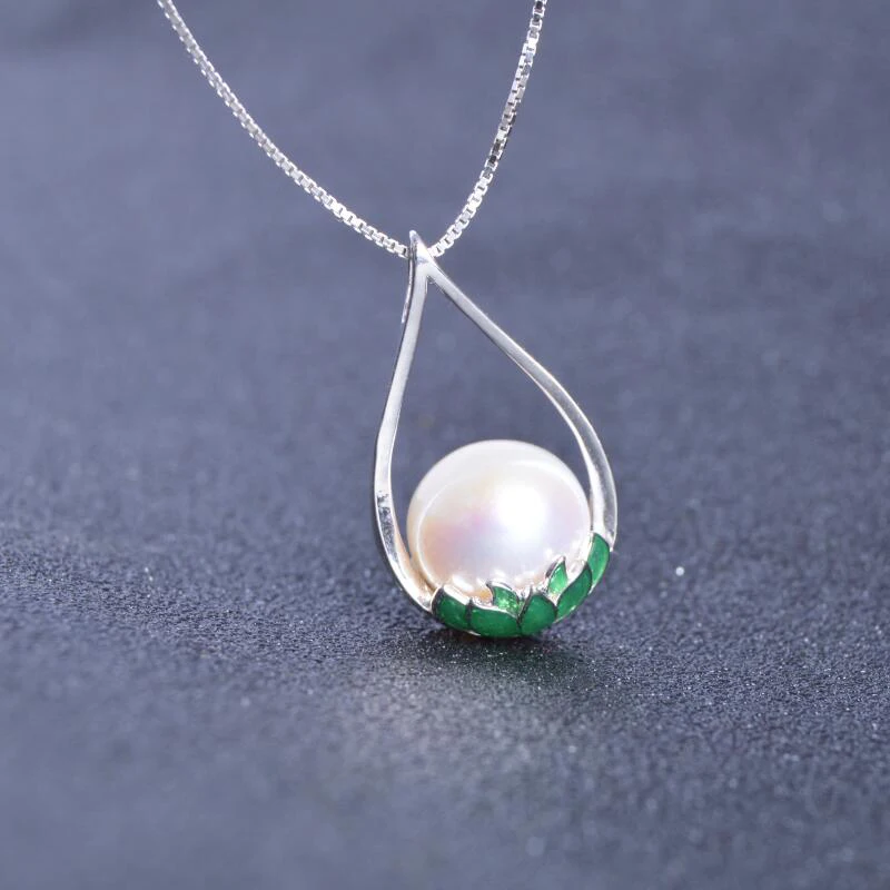 Genuine 925 Sterling Silver Natural pearl lotus Pendant Necklace 10-11mm freshwater necklace jewelry for women Enamel |