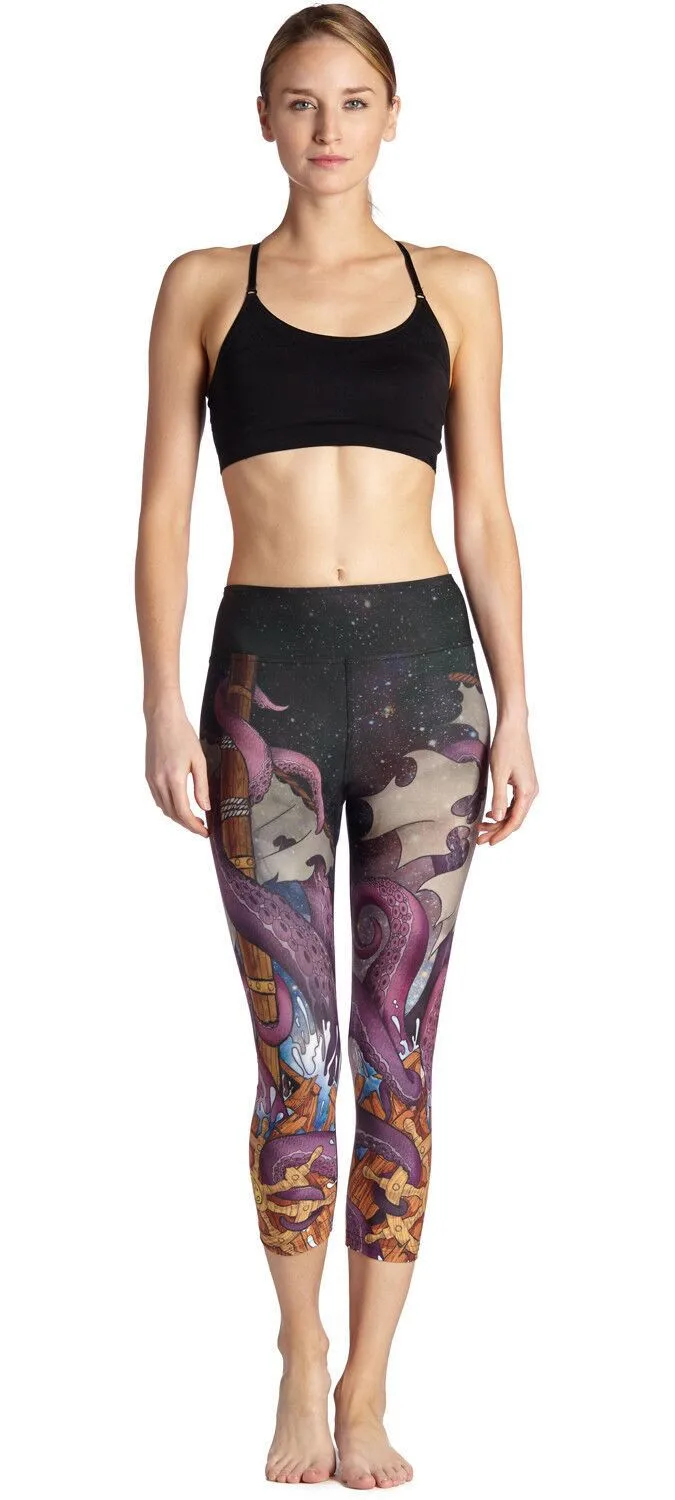 Женские леггинсы для фитнеса быстросохнущие штаны до середины голени с принтом