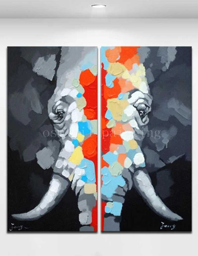

Hand Painted Indian Abstract Colorful Elephant Knife Oil Painting on Canvas Cartoon Animal Wall Art 2 Panles For Home Decoration