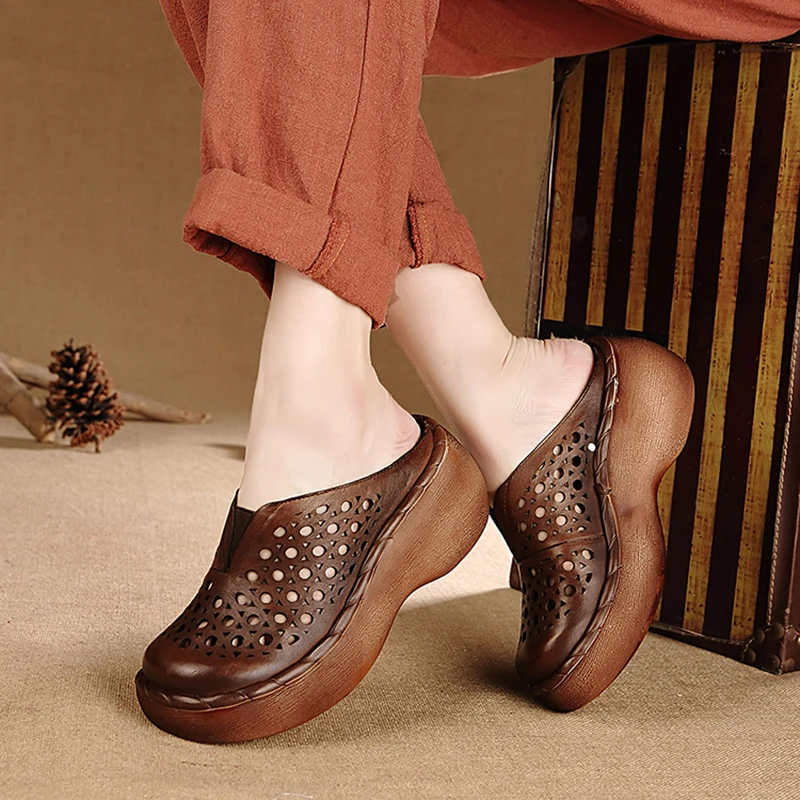 Красивые женские шлепанцы на платформе из натуральной кожи ручной работы