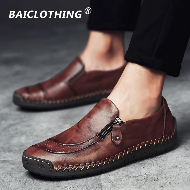 Fashion Mens Casual Shoes Four Seasons soft Comfortable hand-stitched Slip-On Round Toe Genuine Leather flat Sewing Red | Обувь