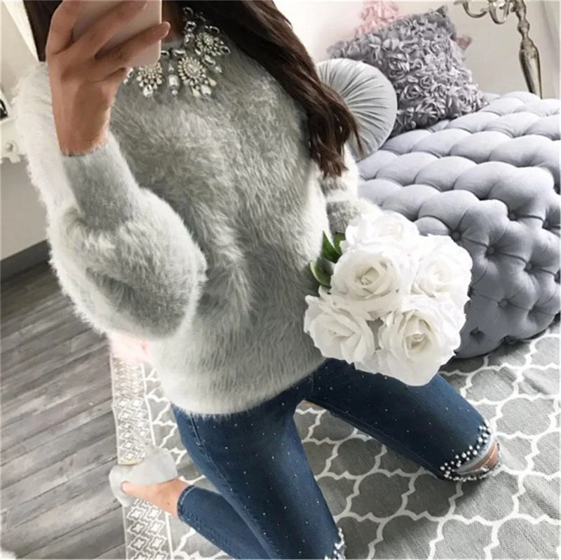Серый Зимний вязаный Рождественский свитер для женщин, Свободный Повседневный пуловер, Женский вязаный свитер - Цвет: Серый