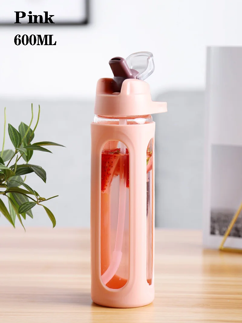 600ML Straw Pink 600 мл 540 мл стеклянная бутылка для воды солома с пластиковым защитным чехлом портативные герметичные мои бутылки для воды для спорта Пешие прогулки - Цвет: 600ML Straw Pink