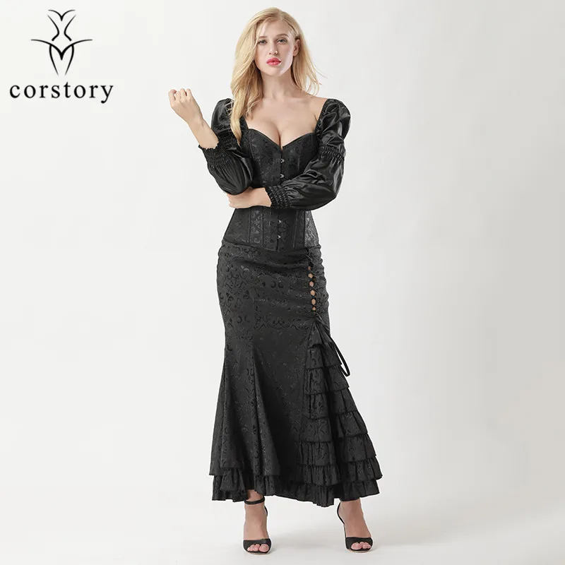 

Corstory Victorian Gothic Black Brocade Steel Boned Overbust Corset And Slim Skirt Set Halloween Costume Steampunk Corset Sets