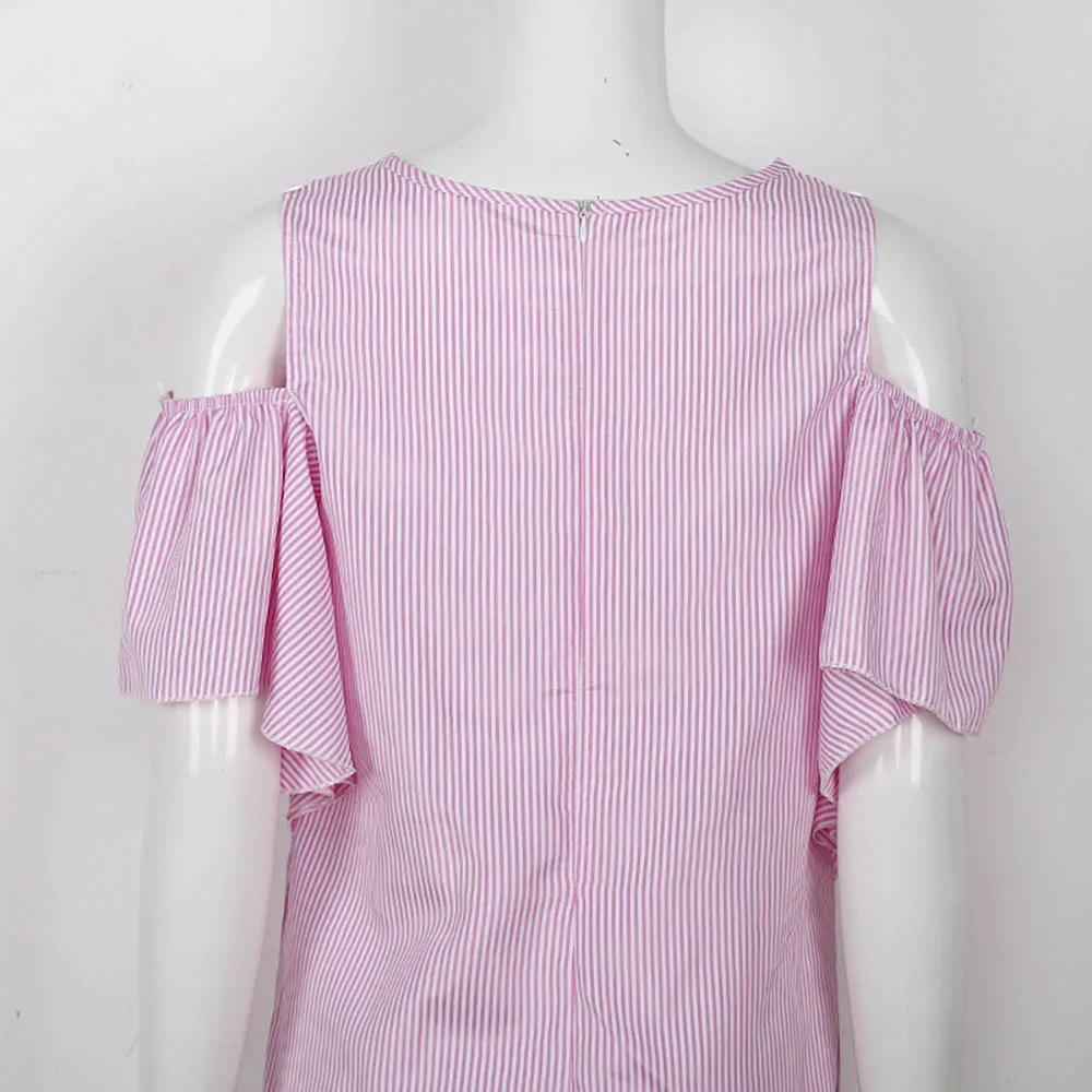 Для женщин выдалбливают воланами летняя Striped Cold Shoulder платье с рюшами Платье