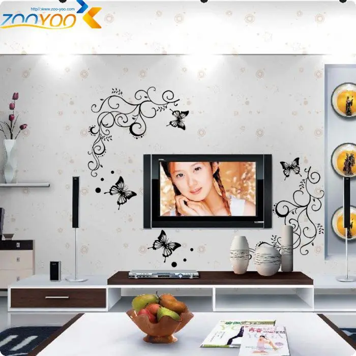 Наклейки на стену с изображением черных цветов винограда бабочки фотообои 051s