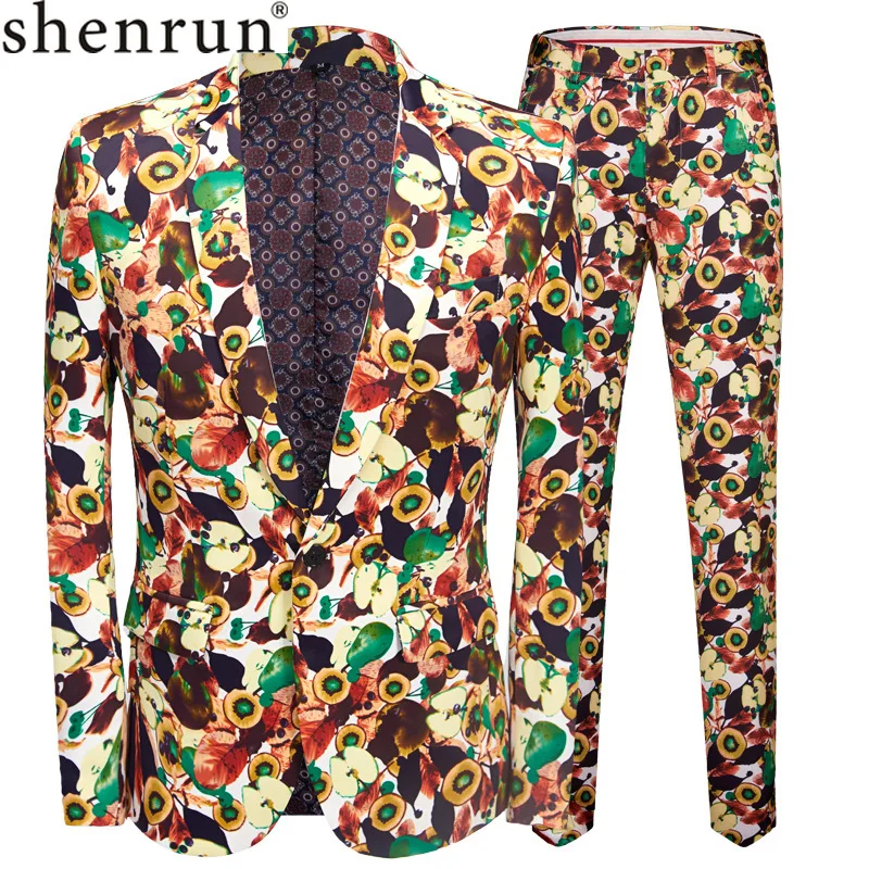 Модный мужской костюм SHENRUN Mes из двух предметов с зеленым рисунком яблока мужские