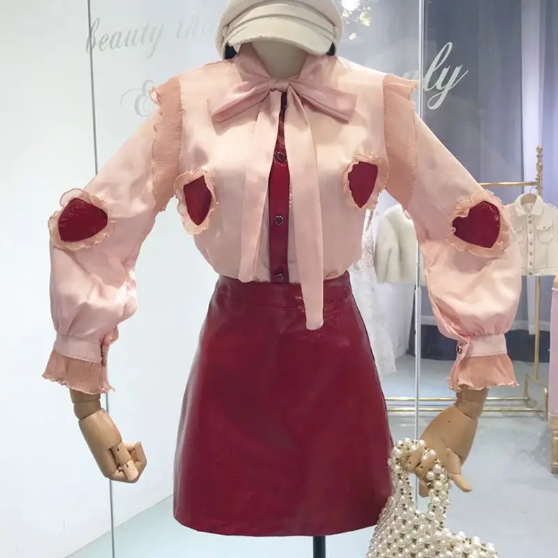 2019 Spring Autumn Women heart-shaped Long Sleeve Bow Shirts + PU Red Skirt 2 pcs sets Female Beautiful Dresses A643 | Женская одежда