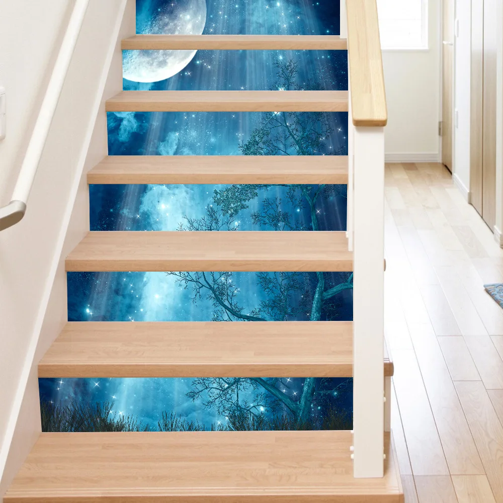 

3d 6pcs Dark Forest Moon Pattern Tile Stairs Stickers Pvc Wall Sticker Removable Waterproof Mural Stair Poster Room Decals