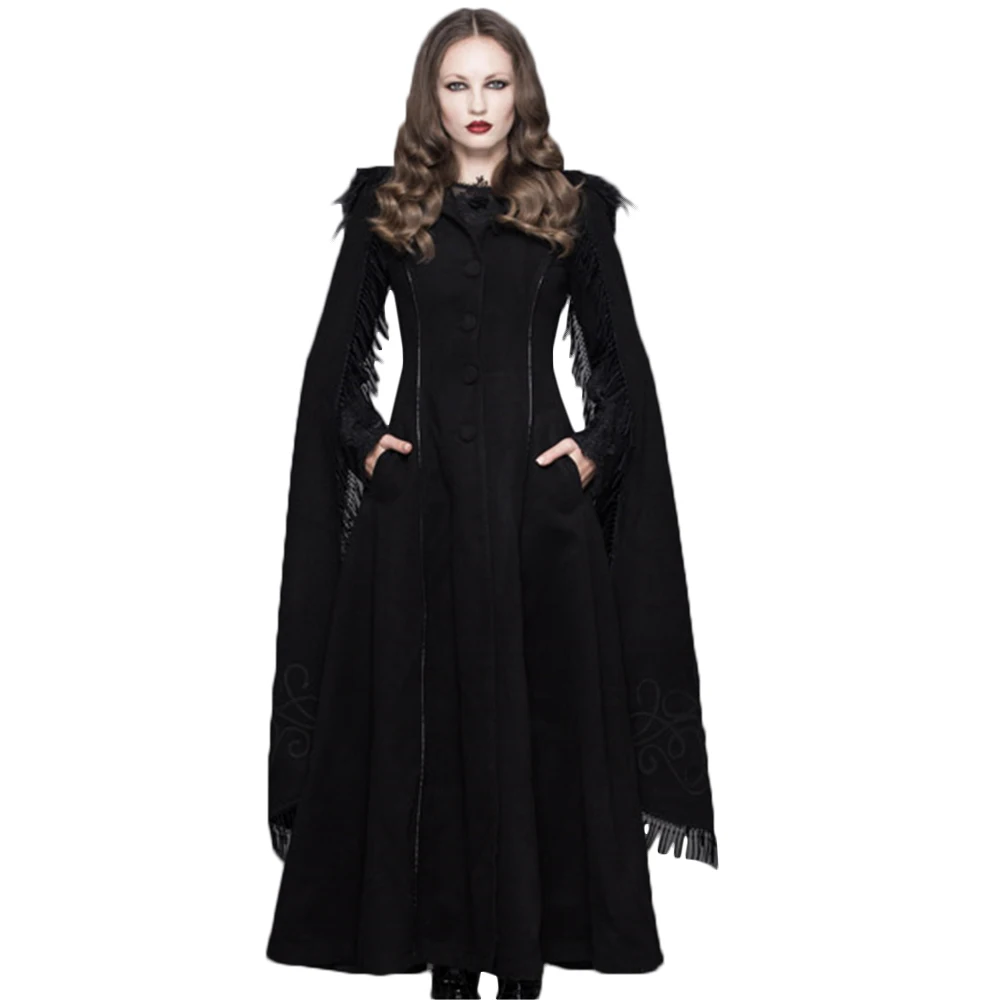 

Женское длинное пальто с капюшоном Devil Fashion, элегантное приталенное пальто макси с расклешенными рукавами, бахромой и капюшоном для сцены