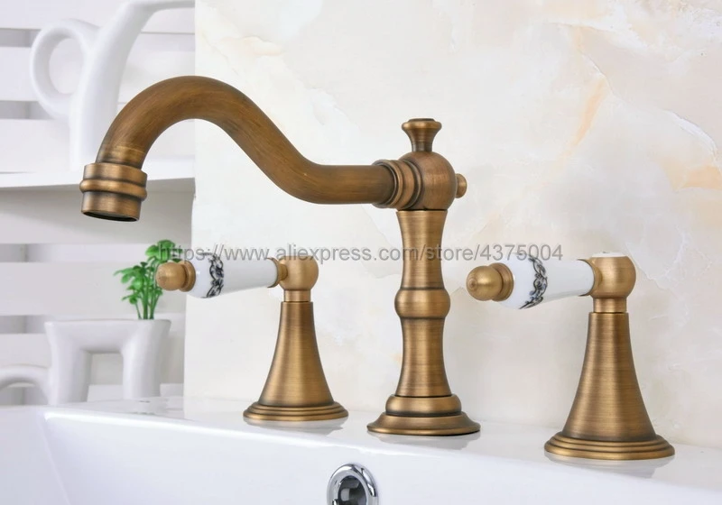 

Bathroom Antique Brass Mixer Faucet Two Handles 3 Hole Basin Sink Hot Cold Water Taps Nan085