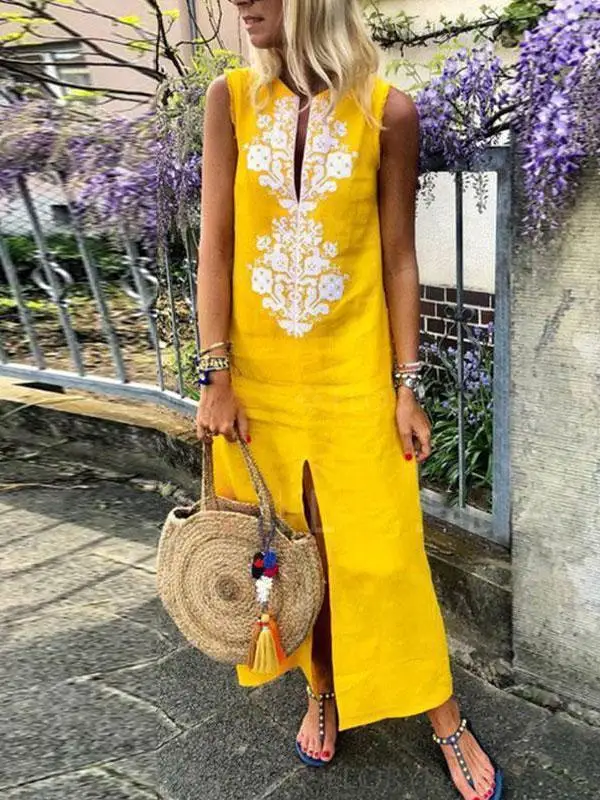 Женское платье макси без рукавов повседневное прямое до щиколотки с принтом