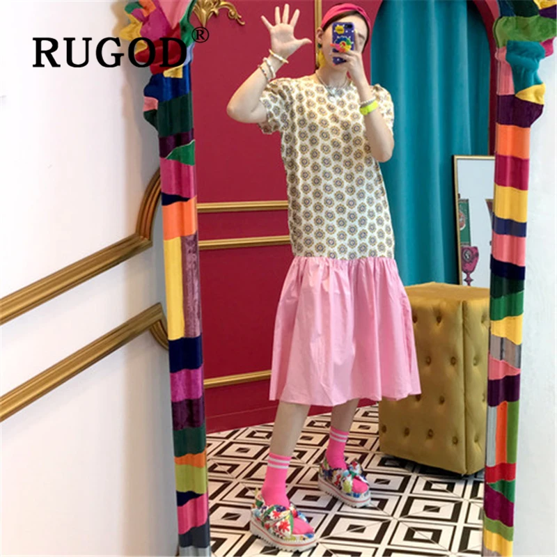 Женское платье с геометрическим принтом RUGOD летнее в Корейском стиле оборками и