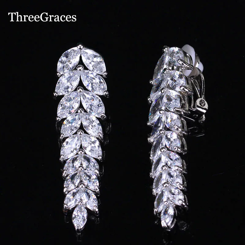 Брендовые элегантные серьги ThreeGraces длинные без отверстий с фианитом в форме