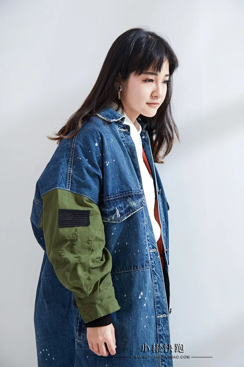 Новое прибытие Корея женские синие джинсовые jackcet отложной воротник Лоскутные