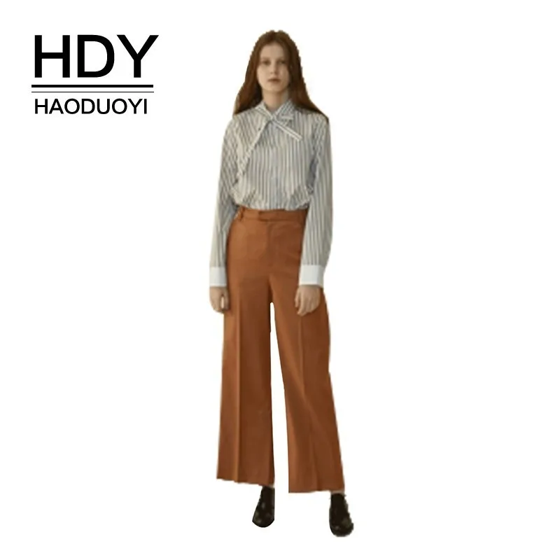 HDY Haoduoyi Femme осенние Простые Модные Стильные повседневные штаны элегантные OL с высокой талией широкие ноги выделяют тонкие коричневые брюки