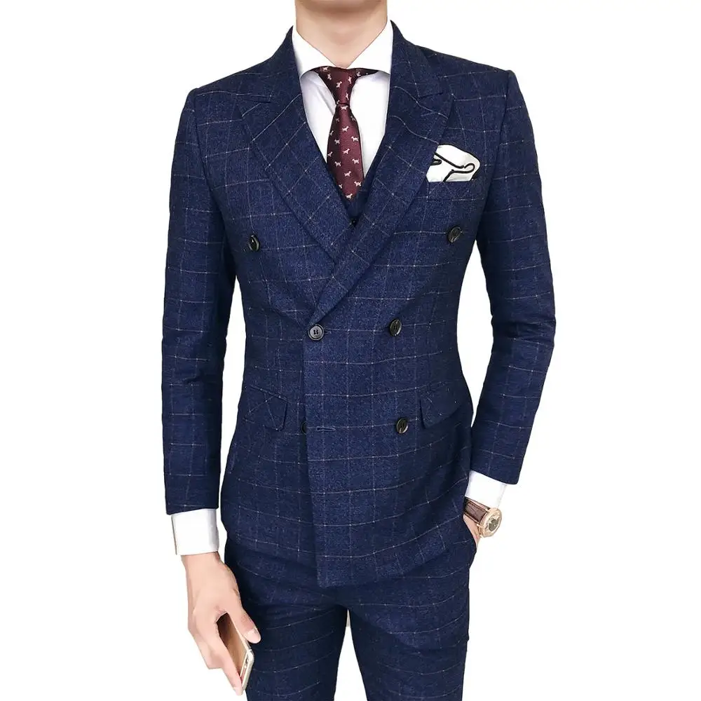 (Пиджак + жилет брюки) Классический Клетчатый костюм двубортный отворот деловой