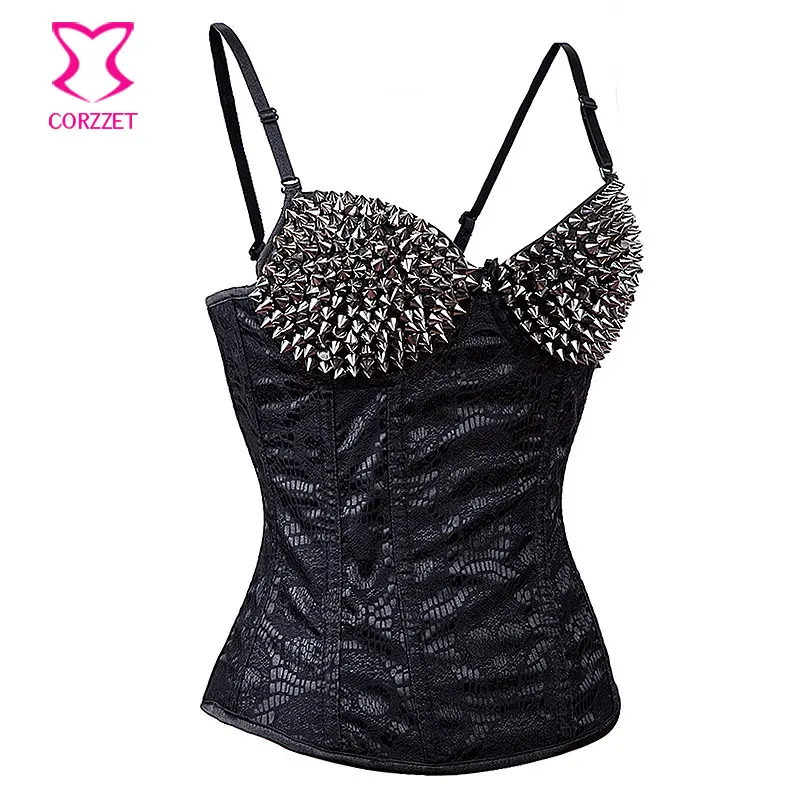 Черный/серебристый Спайк Заклепки Шпильки ремень Overbust корсет стимпанк Корсеты и