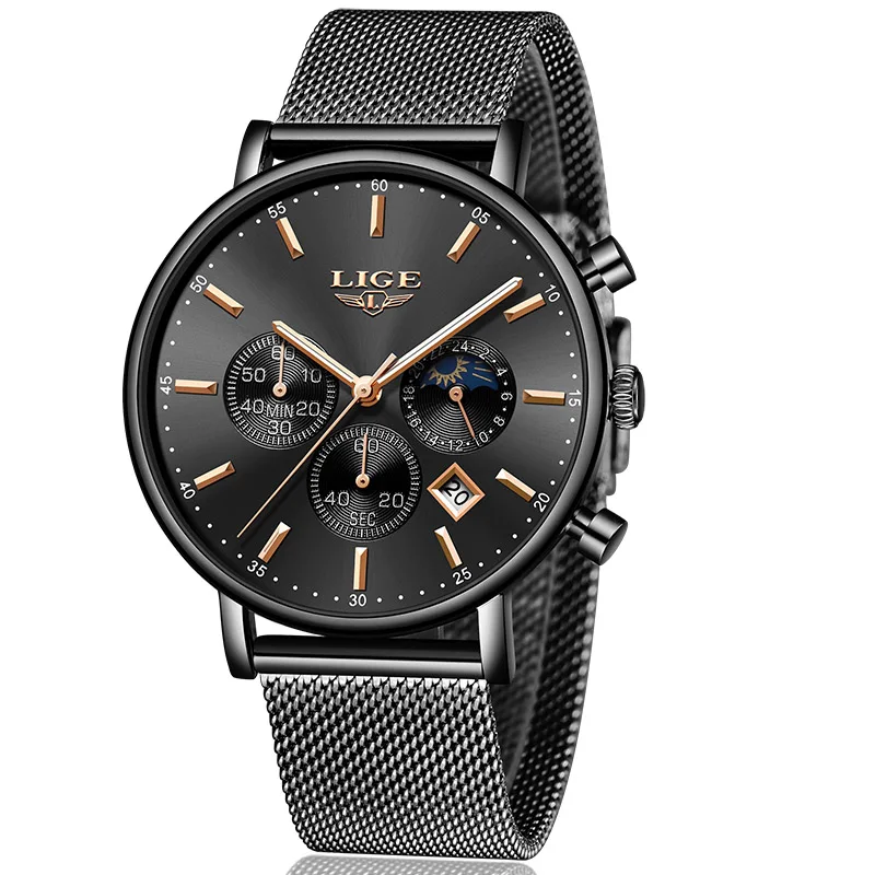 Black rose gold LIGE новые мужские часы Топ бренд класса люкс модные ультра тонкие кварцевые часы мужские Moon Phase бизнес часы водонепроницаемые часы с календарем - Цвет: Black rose gold