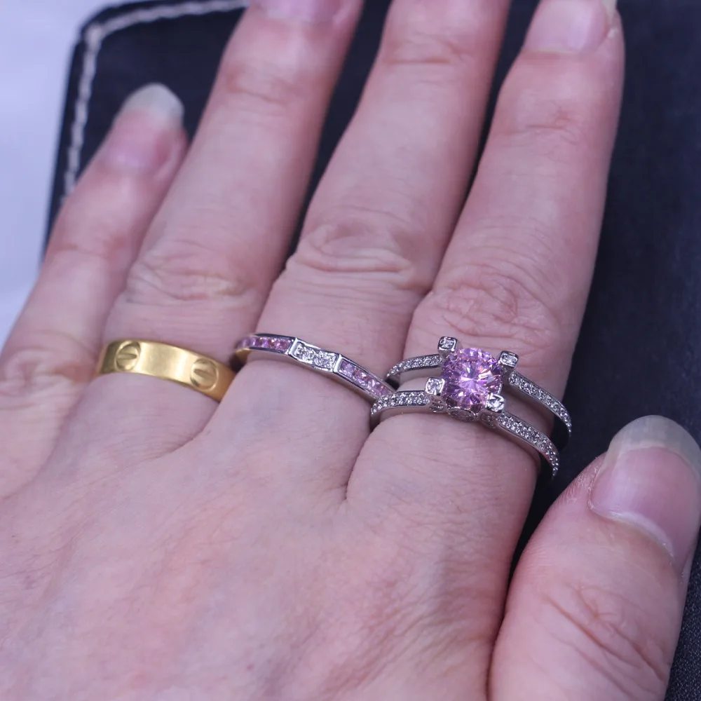 Luxury Jewelry wedding band rings for women men 3ct Pink 5A Zircon Cz 925 Sterling silver Birthstone Female Ring bridal set Gift | Украшения