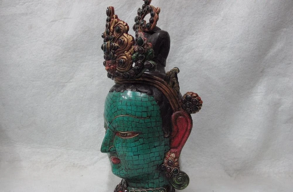 Buddhism Old Bronze Painted inlay turquoise ruby beryl gem Kwan-Yin GuanYin Head 8.02 | Дом и сад