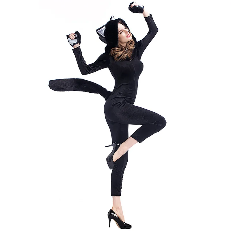 Женский черный сексуальный комбинезон для косплея кошки котенка панды животных