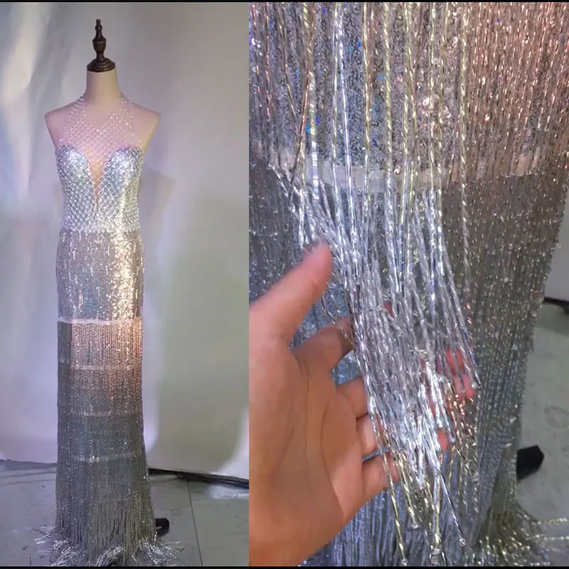 

Luxury Glisten Sequined beaded tube tassel Dress Flashing Sexy Stage Wear Long DressesSilver Costume Celebrate Outfit Dresses